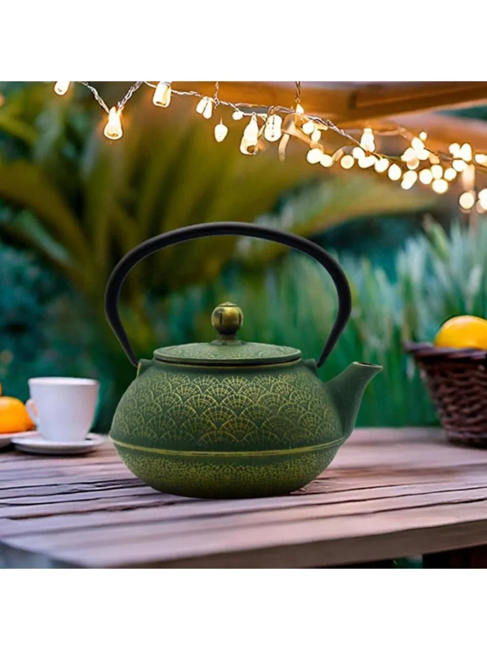 Green Cast Iron Teakettle 900ml Enameled Interior Stovetop Safe Kitchen Teapot